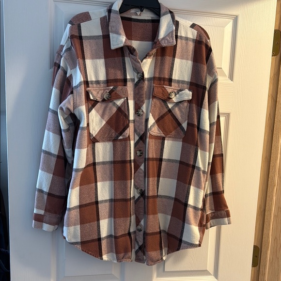 Maurices Tops - Dusty Mauve and White Plaid Button-Up Shacket